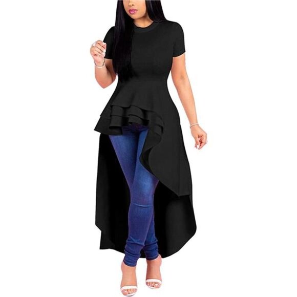 Womens Casual Shirt Ruffle Hem Blouse Asymmetrical Peplum Long Tunic Top